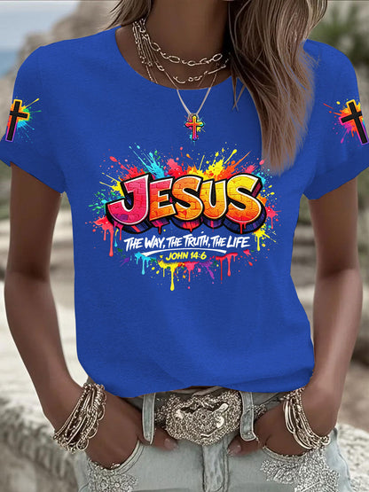Mulheres Christian Jesus Cross T-shirt de manga curta