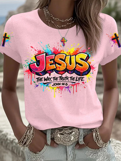 Mulheres Christian Jesus Cross T-shirt de manga curta