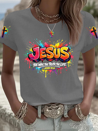 Mulheres Christian Jesus Cross T-shirt de manga curta