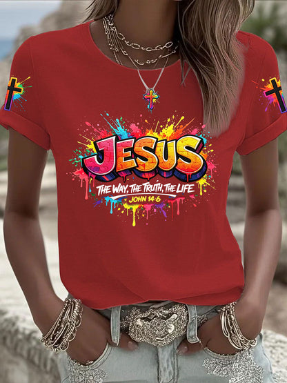 Mulheres Christian Jesus Cross T-shirt de manga curta