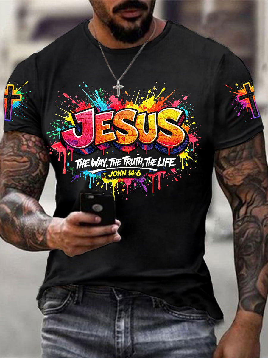 Camiseta masculina cristã com estampa de cruz de Jesus e mangas curtas