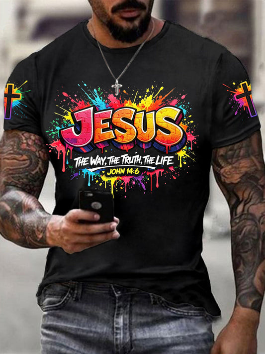 Camiseta masculina cristã com estampa de cruz de Jesus e mangas curtas