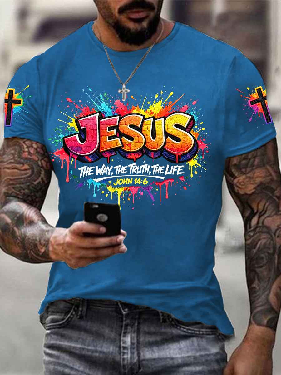Camiseta masculina cristã com estampa de cruz de Jesus e mangas curtas