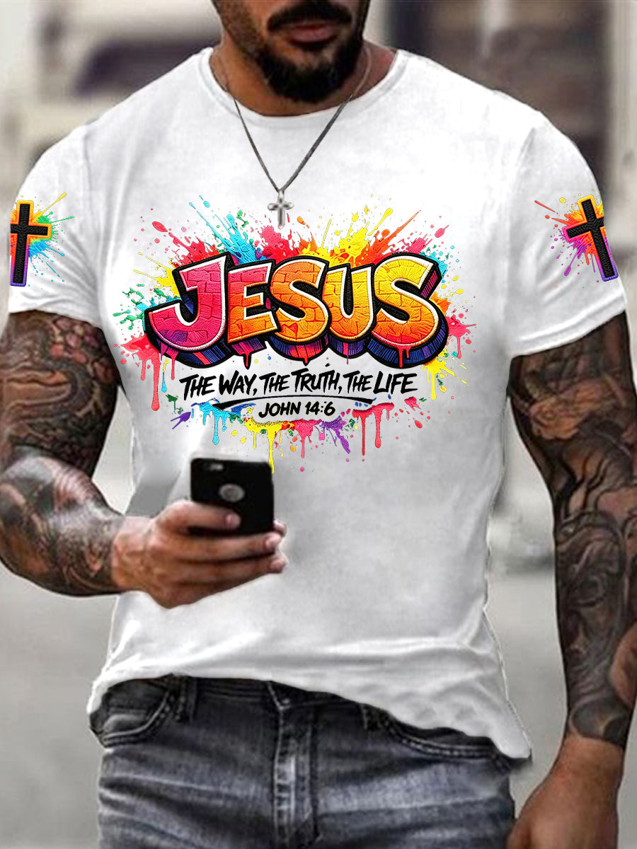 Camiseta masculina cristã com estampa de cruz de Jesus e mangas curtas