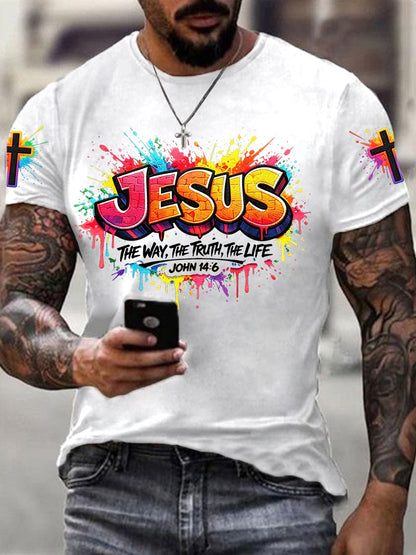 Camiseta masculina cristã com estampa de cruz de Jesus e mangas curtas