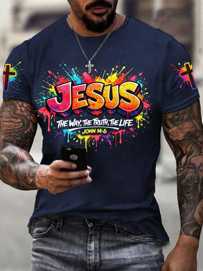 Camiseta masculina cristã com estampa de cruz de Jesus e mangas curtas