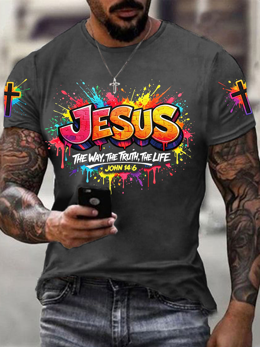 Camiseta masculina cristã com estampa de cruz de Jesus e mangas curtas