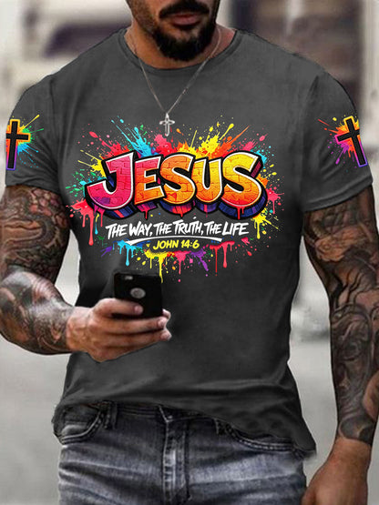 Camiseta masculina cristã com estampa de cruz de Jesus e mangas curtas