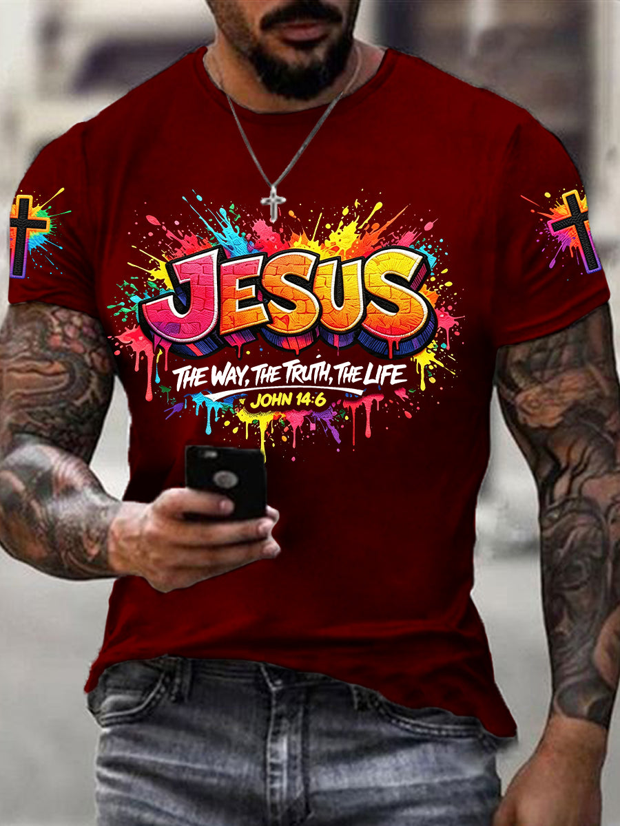 Camiseta masculina cristã com estampa de cruz de Jesus e mangas curtas
