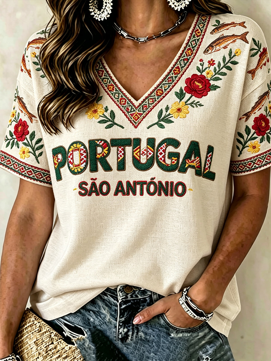 Dia de Santo Antônio das Mulheres Impresso Casual V-neck T-shirt