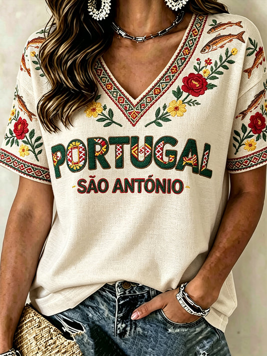 Dia de Santo Antônio das Mulheres Impresso Casual V-neck T-shirt