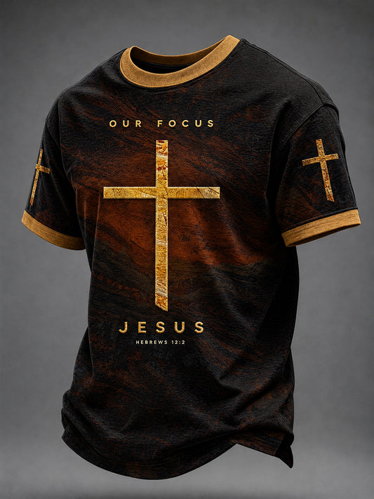 Camiseta masculina cristã com estampa de cruz de Jesus e mangas curtas