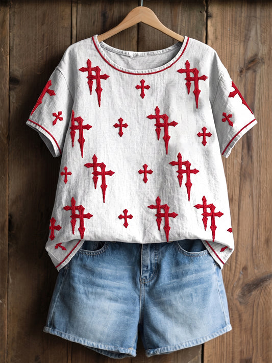 Fé cristã Cruz de linho mangas curtas Top feminino