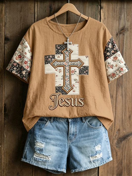 Christian Jesus Floral Cruz linho mangas curtas Top do mulheres
