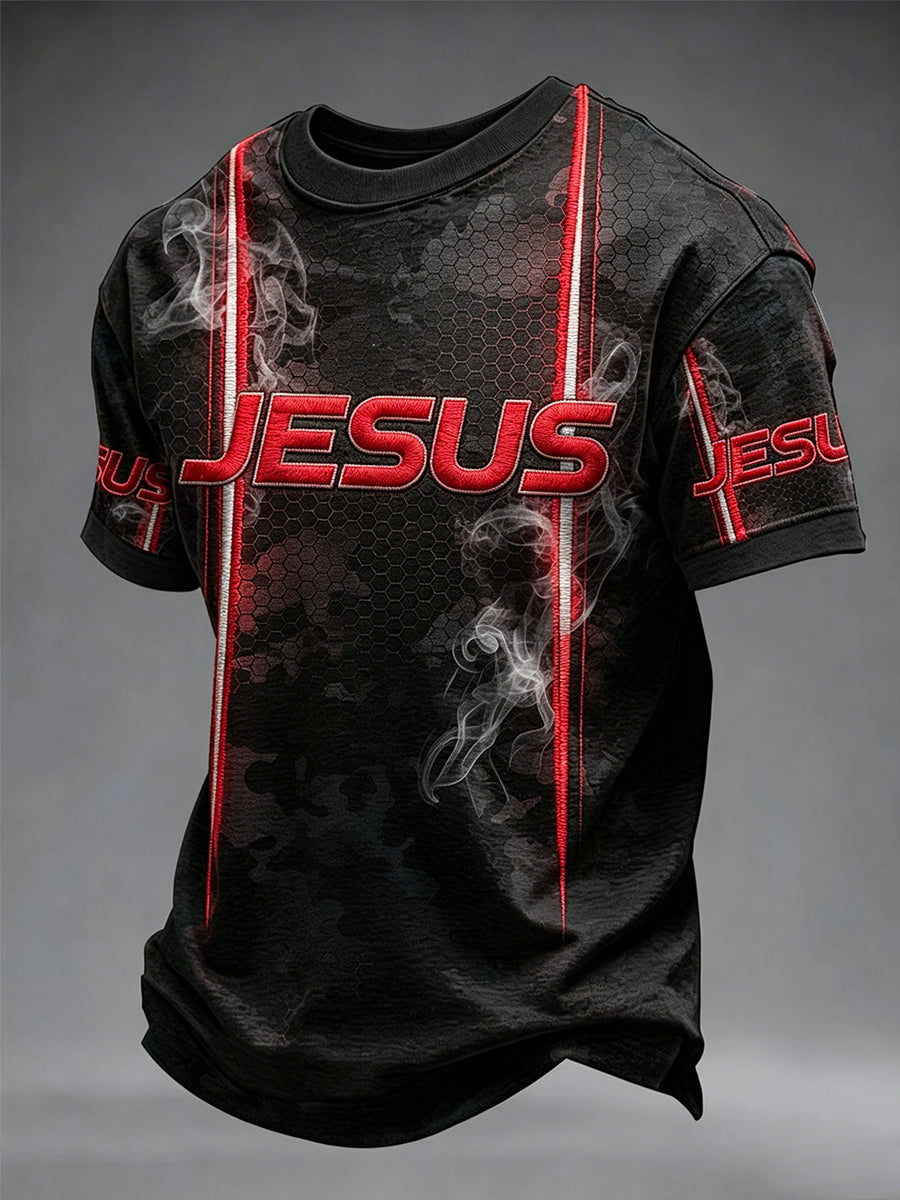 Camiseta masculina cristã com estampa de cruz de Jesus e mangas curtas