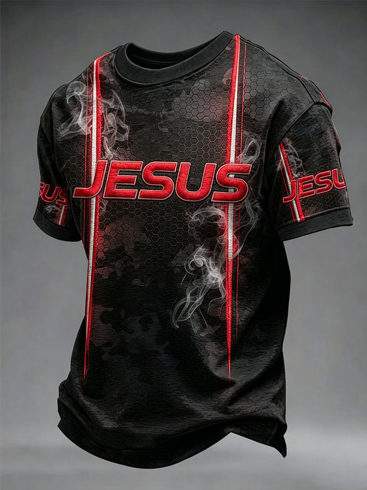 Camiseta masculina cristã com estampa de cruz de Jesus e mangas curtas
