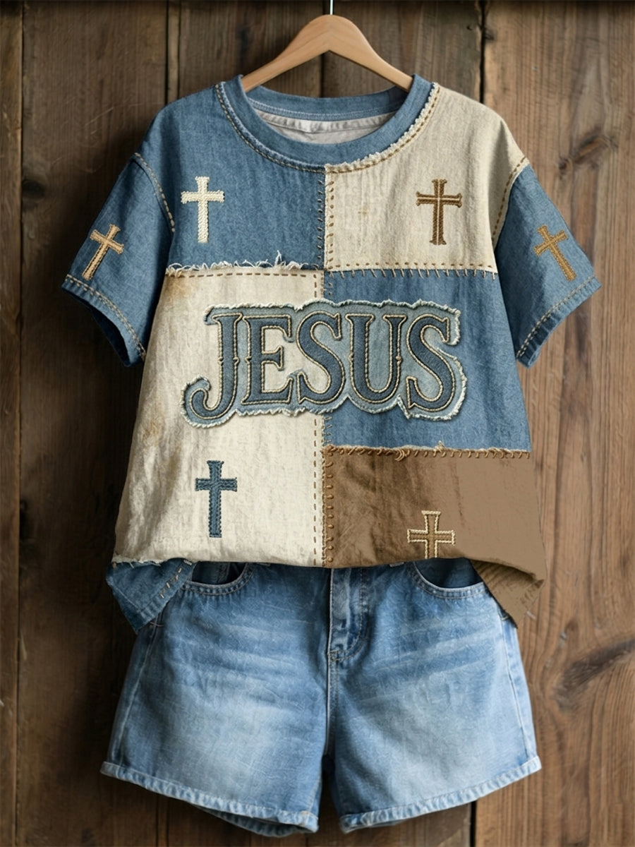 Christian Jesus Cruz de linho mangas curtas Top feminino