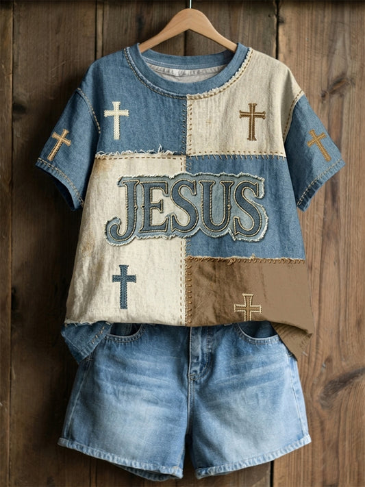 Christian Jesus Cruz de linho mangas curtas Top feminino