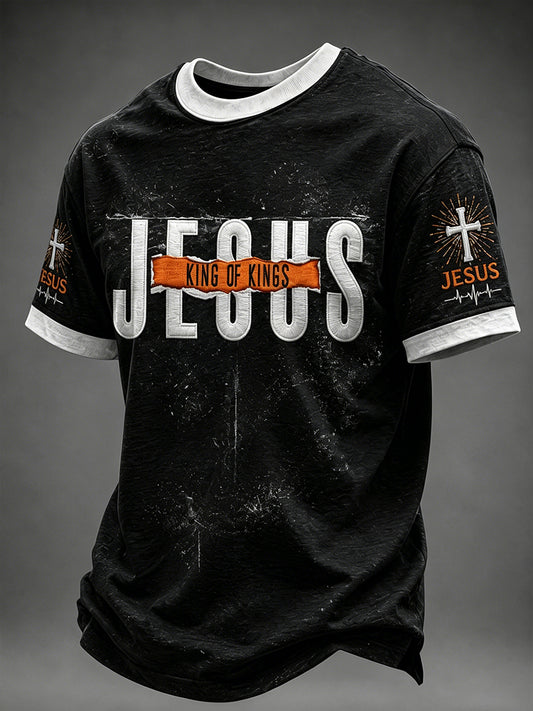 Camiseta masculina cristã com estampa de cruz de Jesus e mangas curtas