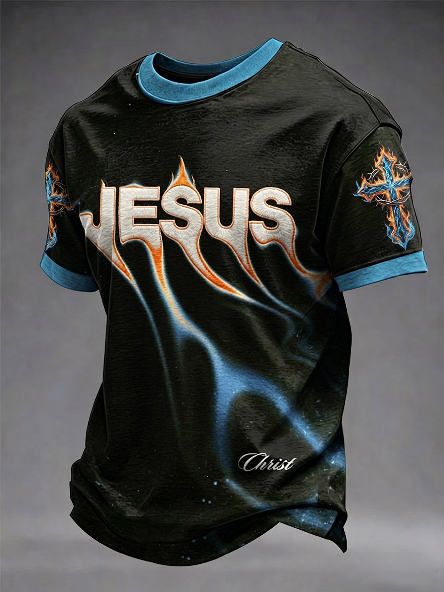 Camiseta masculina cristã com estampa de cruz de Jesus e mangas curtas