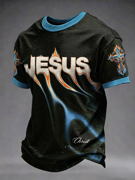 Camiseta masculina cristã com estampa de cruz de Jesus e mangas curtas