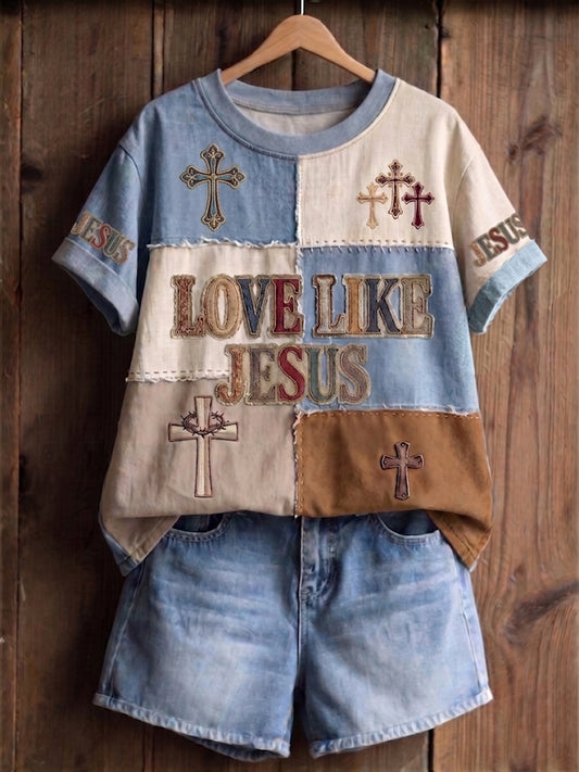 Amor cristão como Jesus das mulheres Cruz Linho mangas curtas Top
