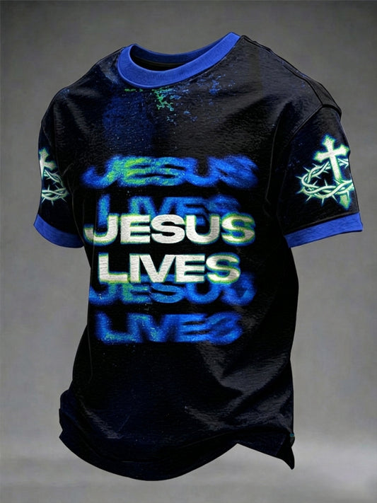 Camiseta masculina cristã com estampa de cruz de Jesus e mangas curtas