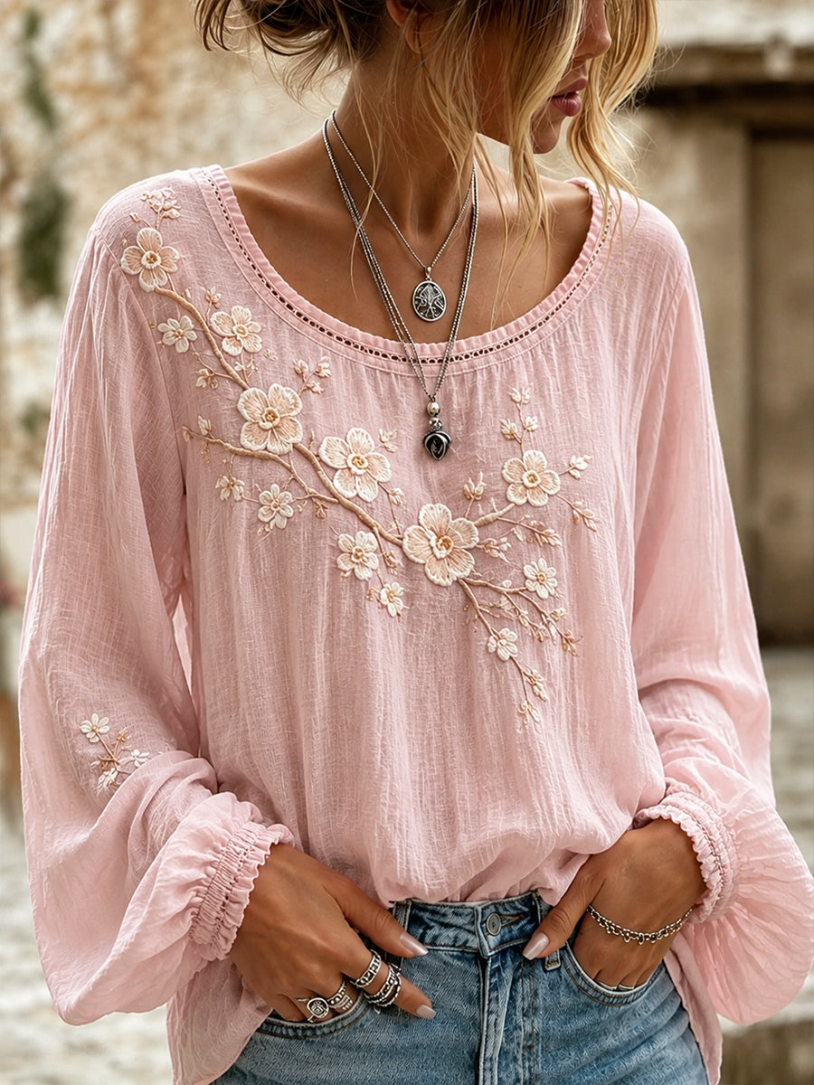 Arte Floral Vintage impressão Casual algodão feminino-Top de linho