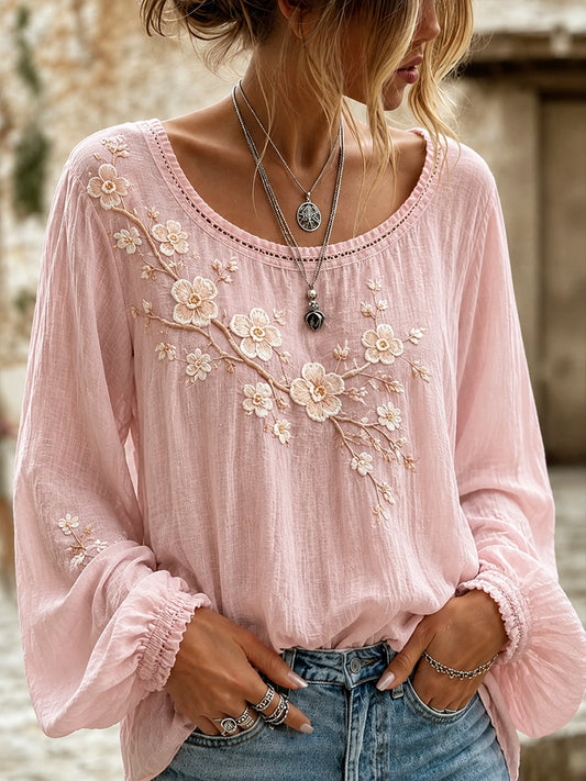 Arte Floral Vintage impressão Casual algodão feminino-Top de linho