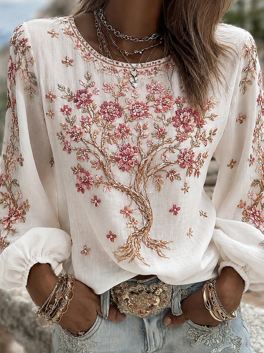Blusa feminina casual de algodão-linho com estampa floral clássica