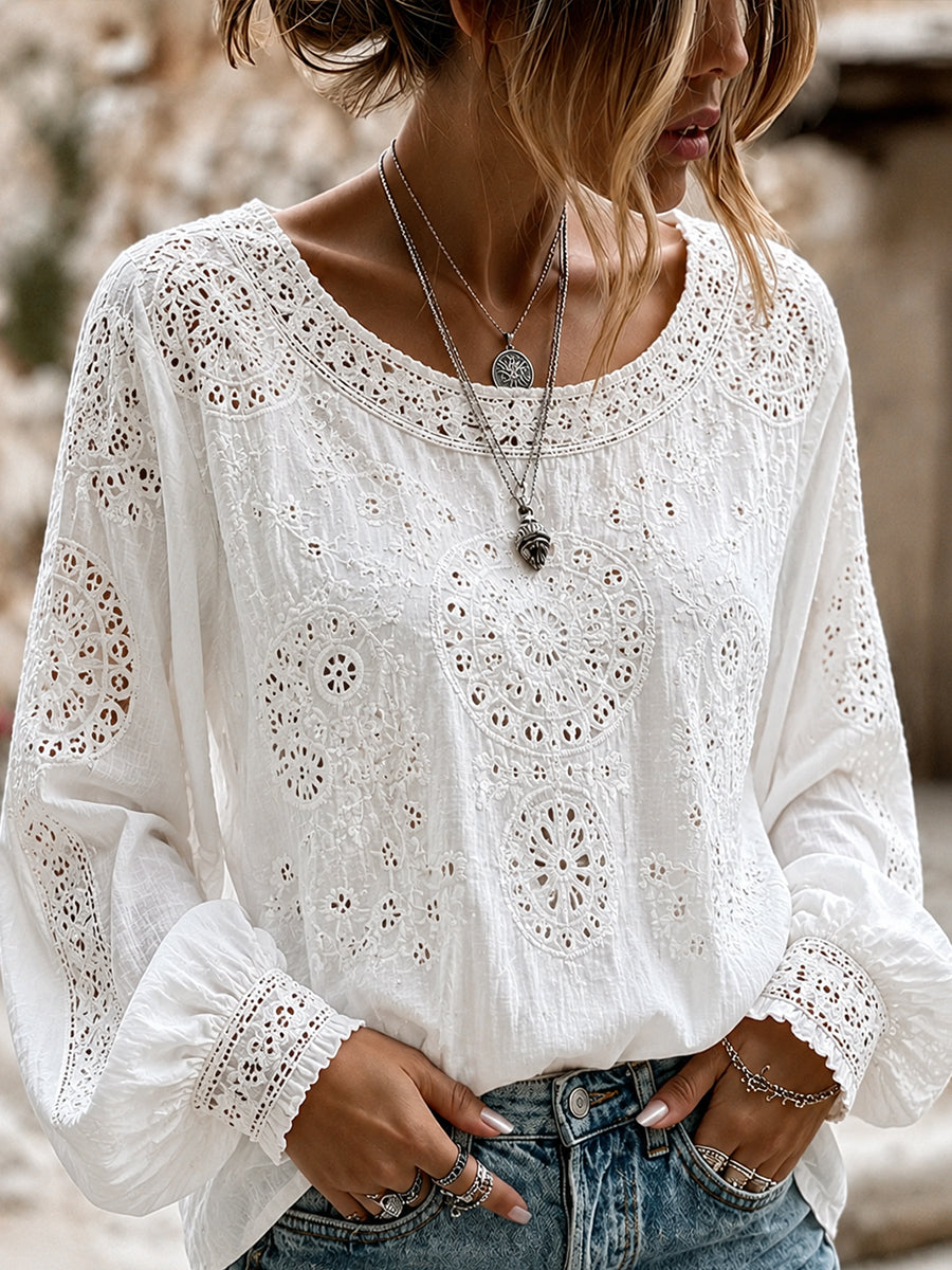 Blusa feminina casual de algodão-linho com estampa floral clássica