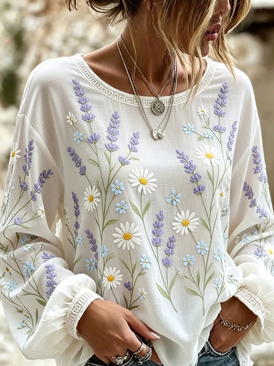 Blusa feminina casual de algodão-linho com estampa floral clássica