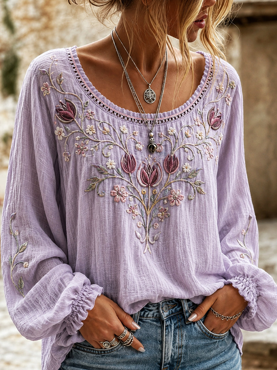 Blusa feminina casual de algodão-linho com estampa floral clássica
