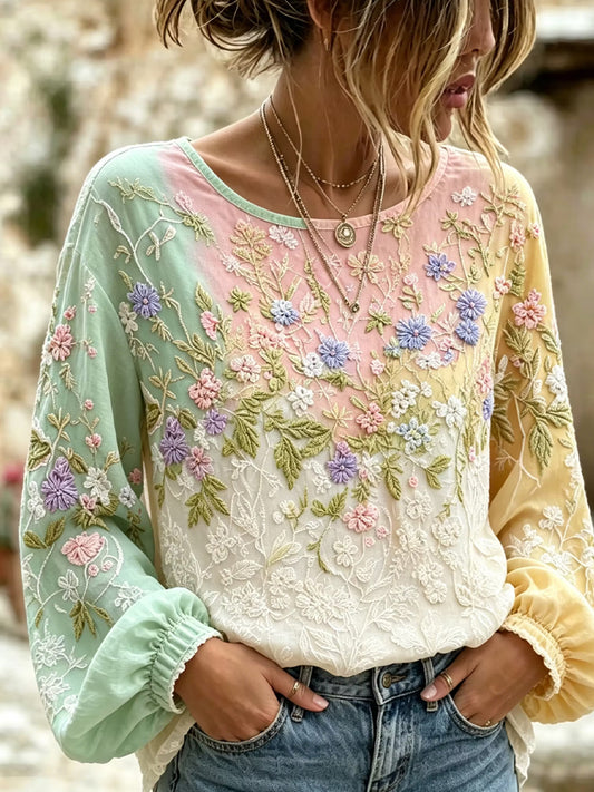 Blusa feminina casual de algodão-linho com estampa floral clássica