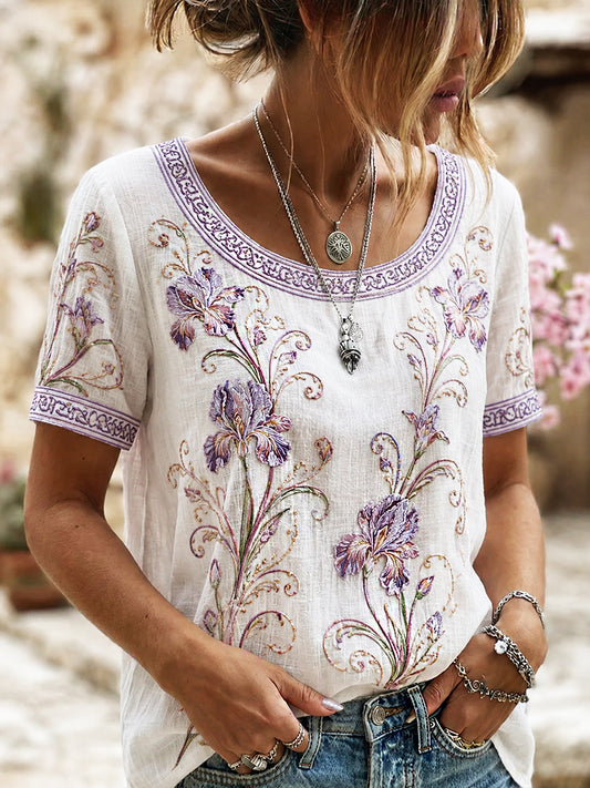 Blusa feminina casual de algodão-linho com estampa floral clássica