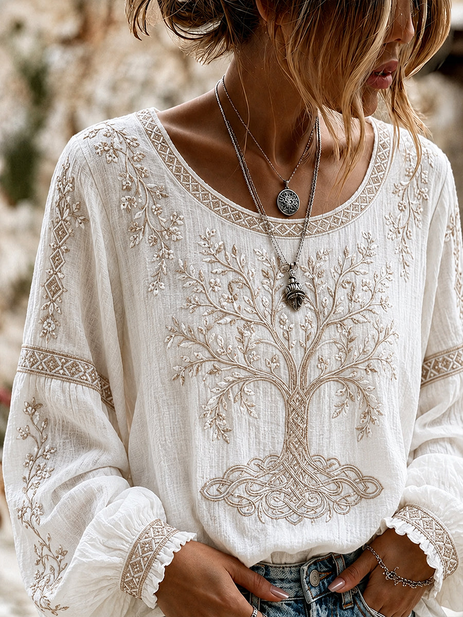 Blusa feminina casual de algodão-linho com estampa floral clássica