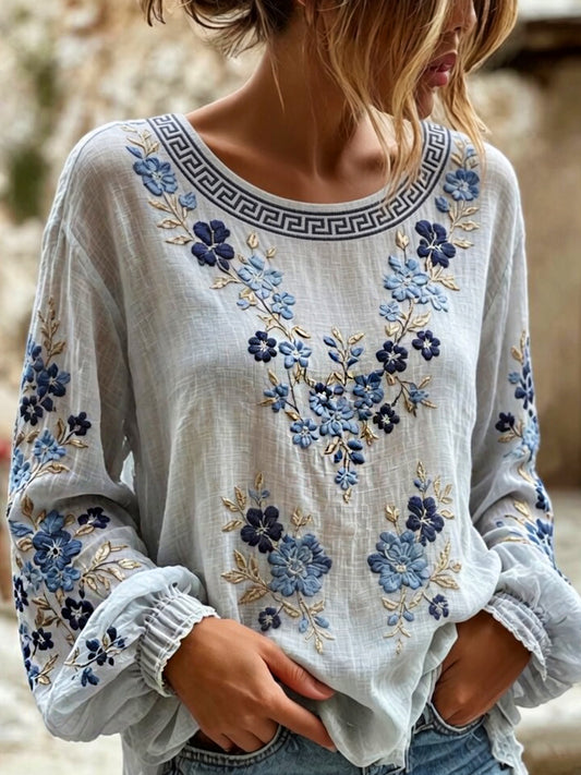Blusa feminina casual de algodão-linho com estampa floral clássica