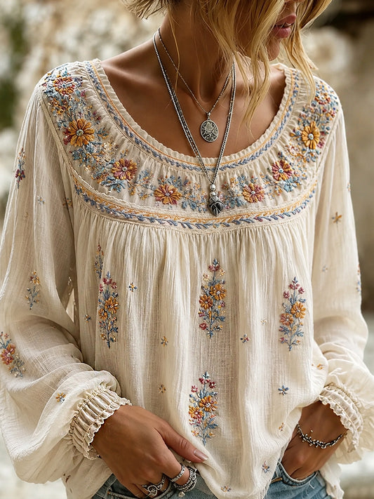 Blusa feminina casual de algodão-linho com estampa floral clássica