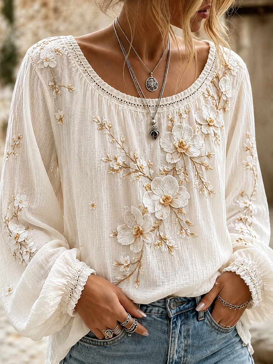 Blusa feminina casual de algodão-linho com estampa floral clássica