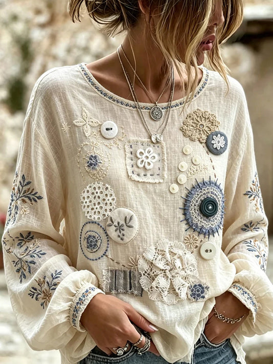 Blusa feminina casual de algodão-linho com estampa floral clássica