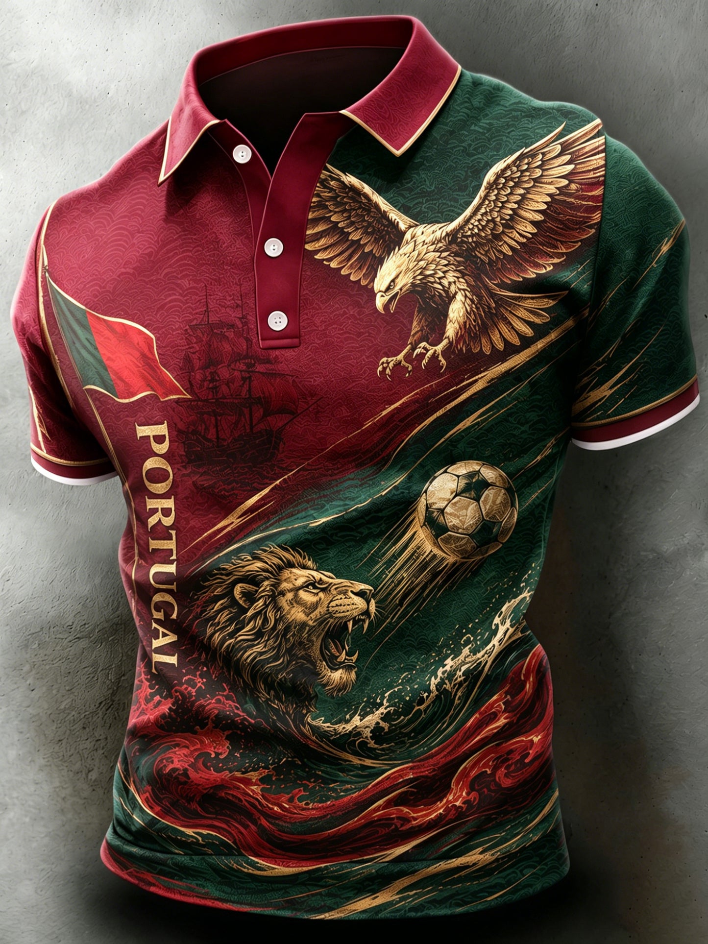 Camisa polo com estampa artística para torcida de futebol da seleção portuguesa masculina