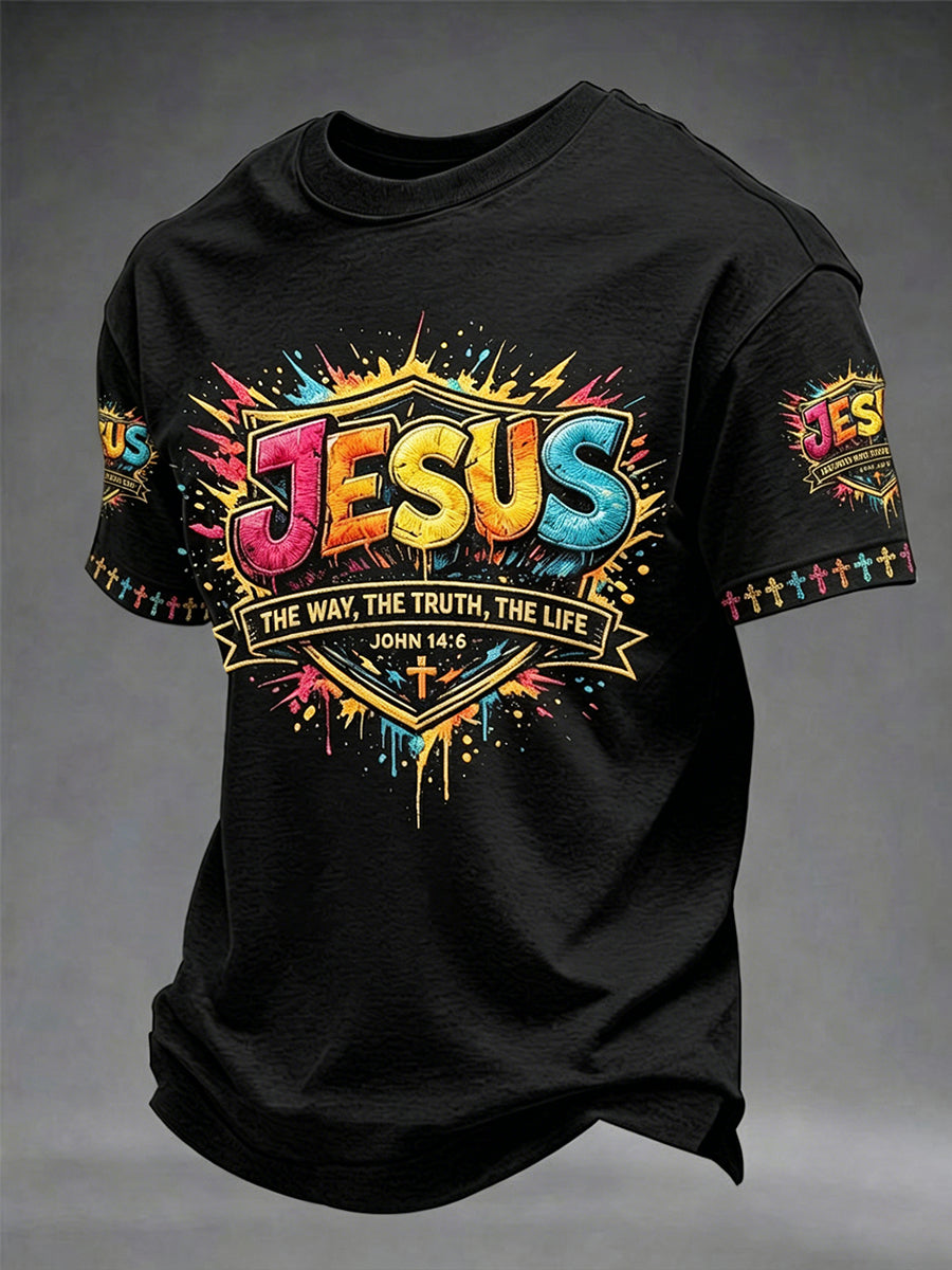 Camiseta masculina cristã Jesus, o Caminho, a Verdade e a Vida — João 14:6, com estampa de cruz, manga curta