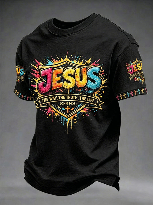 Camiseta masculina cristã Jesus, o Caminho, a Verdade e a Vida — João 14:6, com estampa de cruz, manga curta