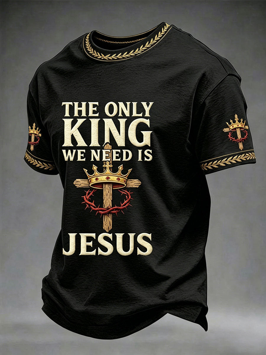 Christian Men's O único rei que precisamos é Jesus Cruz camiseta de manga curta