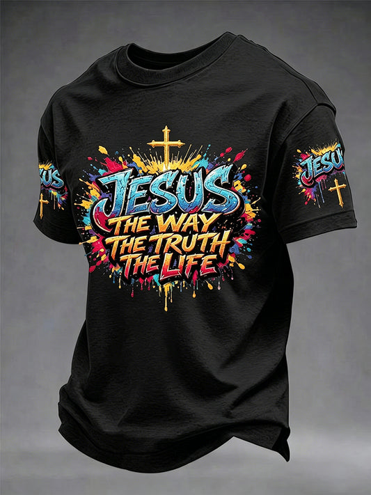 Camiseta masculina cristã Jesus, o Caminho, a Verdade e a Vida — João 14:6, com estampa de cruz, manga curta