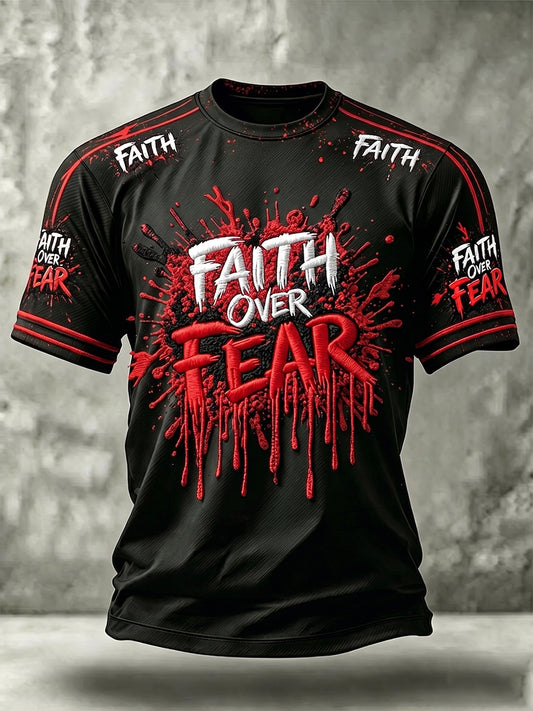 Camiseta masculina de manga curta com a cruz da fé cristã sobre o medo