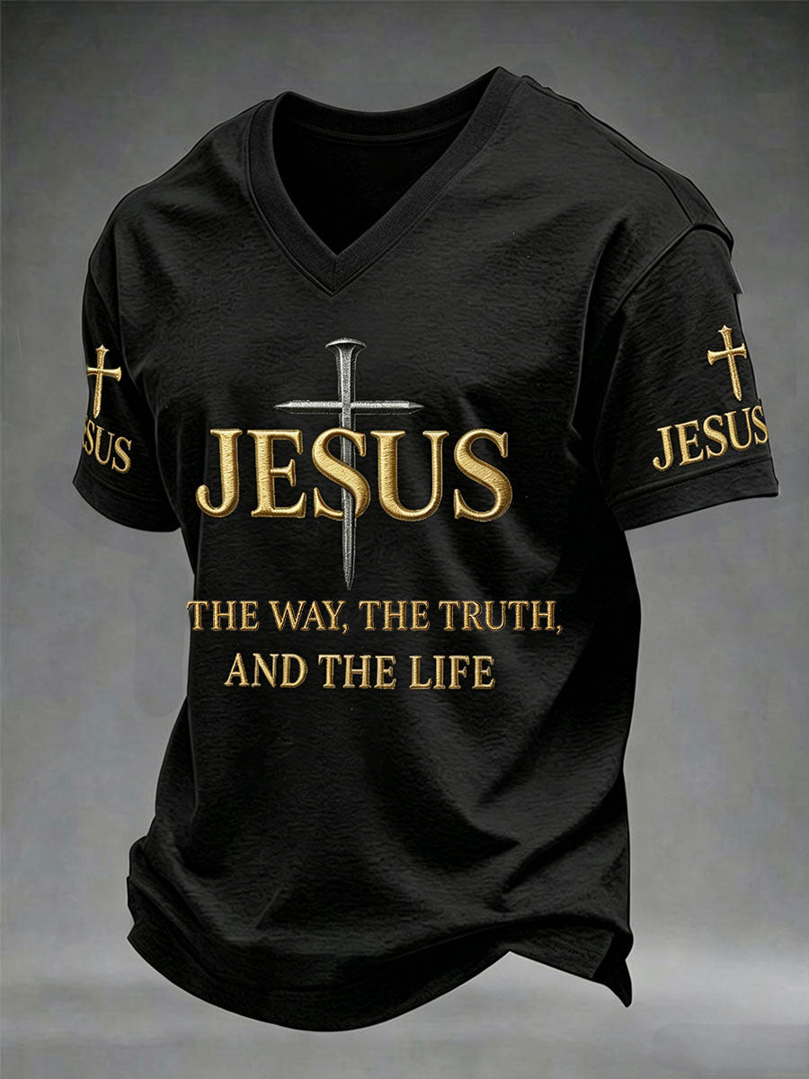 Camiseta masculina em gola V com a frase cristã: Jesus, o Caminho, a Verdade e a Vida — João 14:6, cruzada