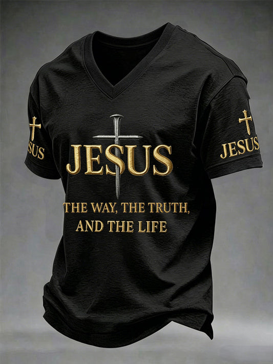 Camiseta masculina em gola V com a frase cristã: Jesus, o Caminho, a Verdade e a Vida — João 14:6, cruzada