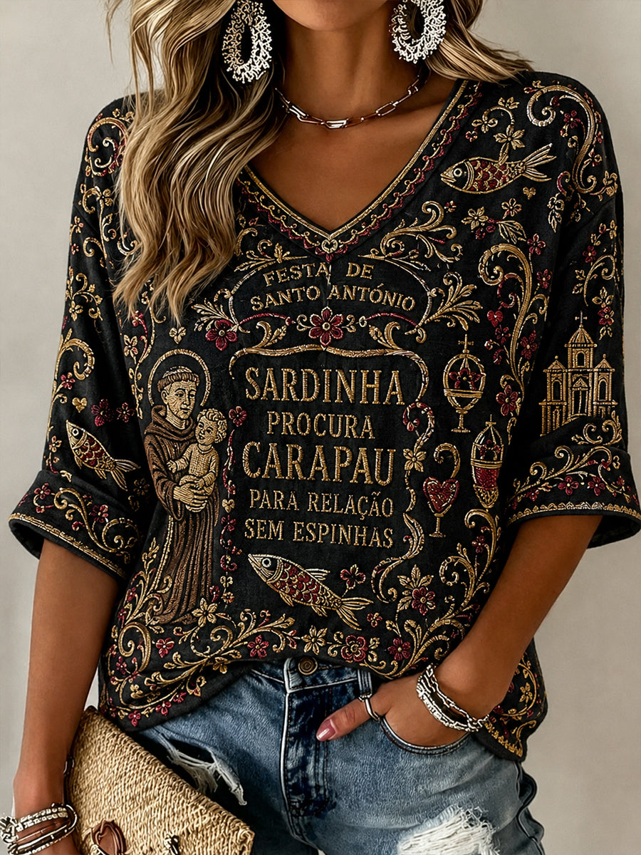 Dia de Portugal Santo António das Mulheres Padrão Linho V-Neck Shirt