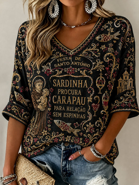 Dia de Portugal Santo António das Mulheres Padrão Linho V-Neck Shirt